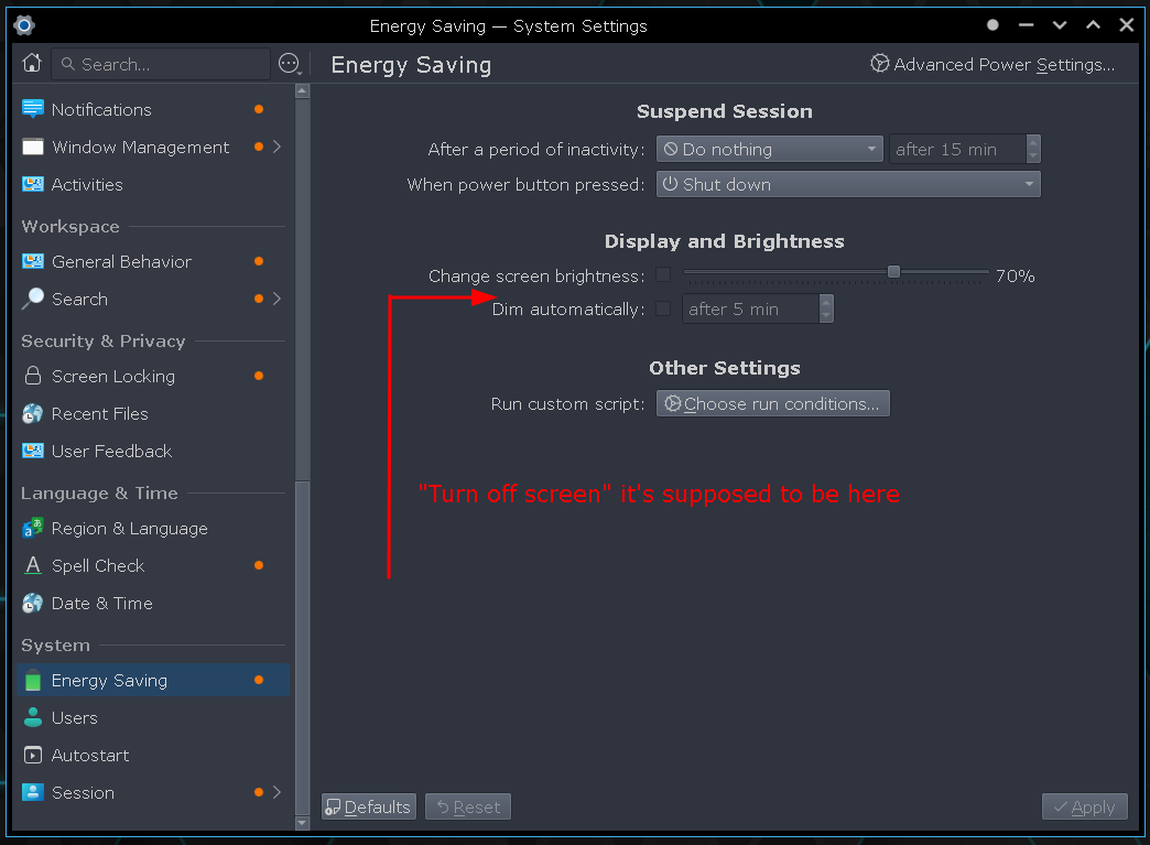 Turn off screen&quot; option dissapeared and not wokring after Plasma 