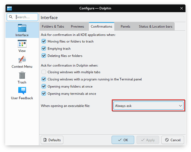 Dolphin settings window highlighting executable file configuration option.