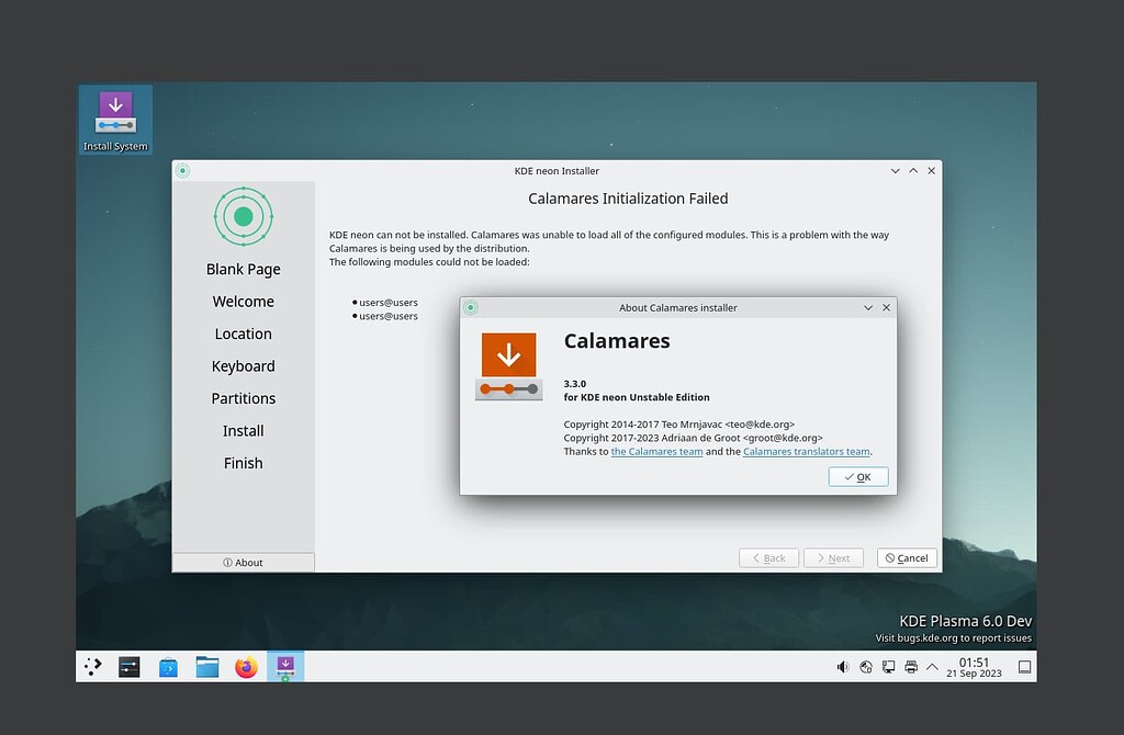 Calamares fails to initialize, KDE neon developer edition