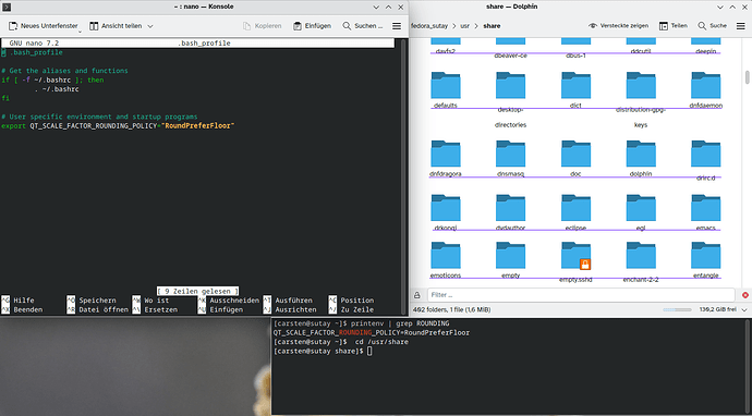 nano showing edited .bash_profile with environment variable QT_SCALE_FACTOR_ROUNDING_POLICY set to RoundPreferFloor, Dolphin with list of files with jumbled labels (base lines manually drawn in), and bash showing that the variable setting is active