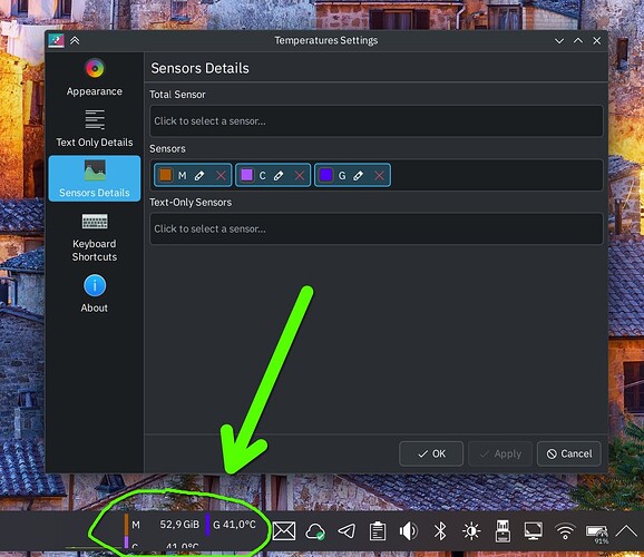 System monitor widget with 3 text sensors; sensor no. 2 is not displayed properly