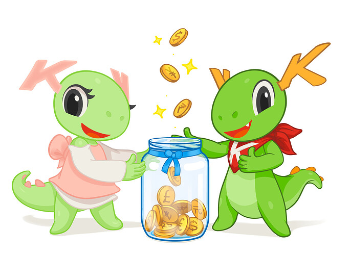 KDE's pet dragons Katie and Konqi on either side of a jar filling with coins