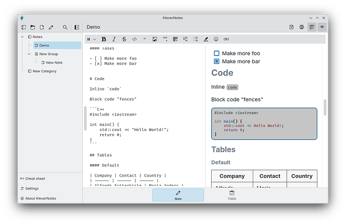 KleverNotes demo note