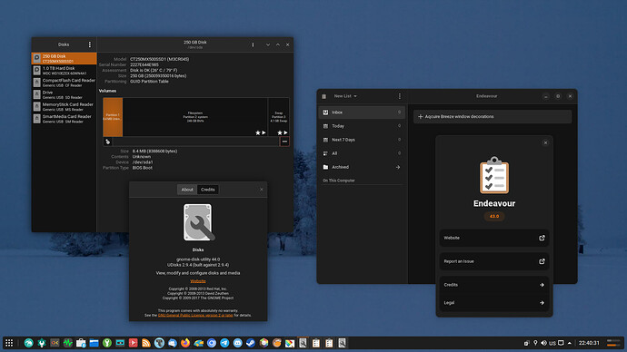 GTK4 app (Gnome Disks) next to GTK4+libadwaita app (Endeavour)