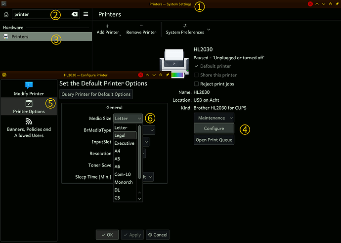 Systemsettings5, Printers. Default Options (Montage, indexed colors)