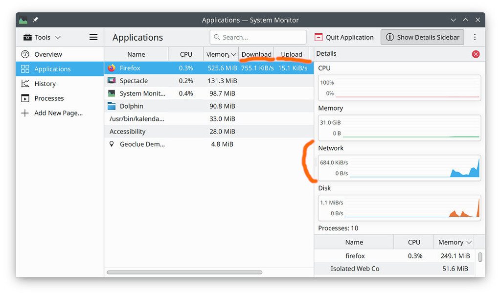 In System Monitor, why the appspecific upload/download rates might not