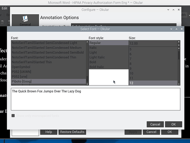 Okular Font Settings G
