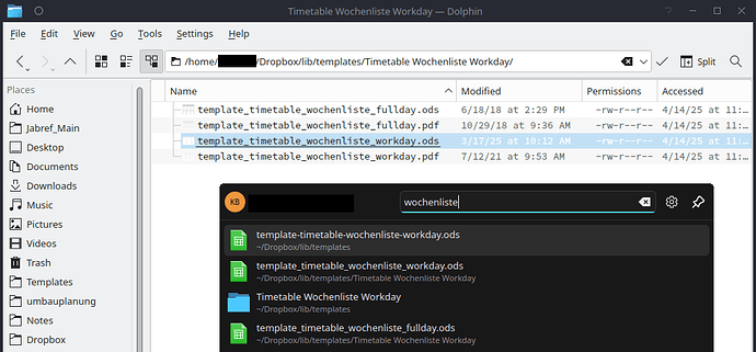 Fig.1 Incorrect search result for "wochenliste" in Application launcher (Alt+F1) vs the actual files in Dolphin.
