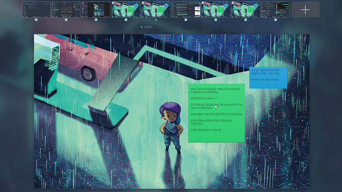 Screenshot: KWin Desktop Overview showing the 9 virtual desktops in a single row, but the names underneath show the “emoji” arrows indicating where each VD is in the 3×3 grid.