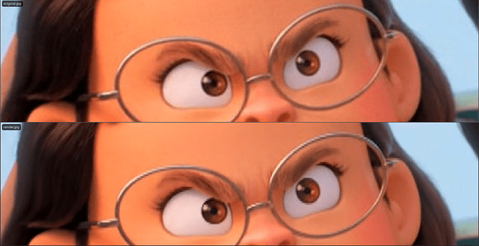 Screenshots made in MPV, zoomed in Identify. Original up, render down