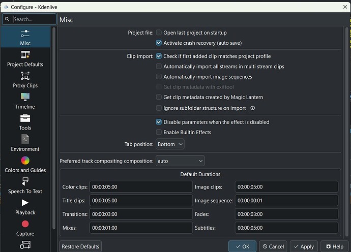 kdenlive settings config disable crash recovery