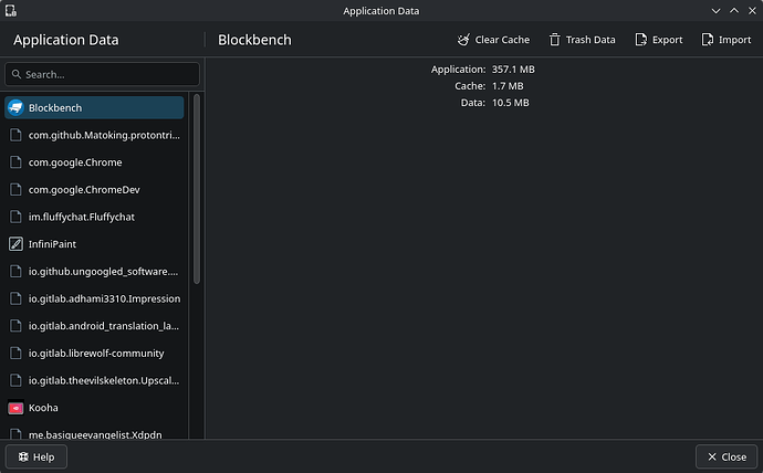 A screenshot of the App Data KCM with Blockbench selected, you can see the app's size, its cache and data sizes, and you have buttons for clearing cache, trashing data, and exporting/importing snapshots.