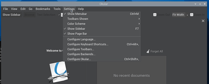 Okular app Settings menu